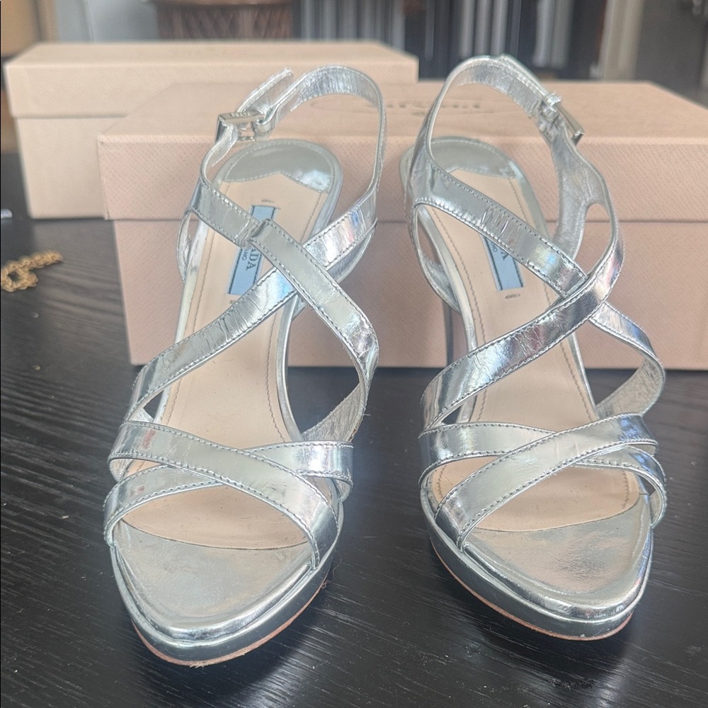 Prada Silver Metallic Strappy Platform Sandals - Picture 1 of 9